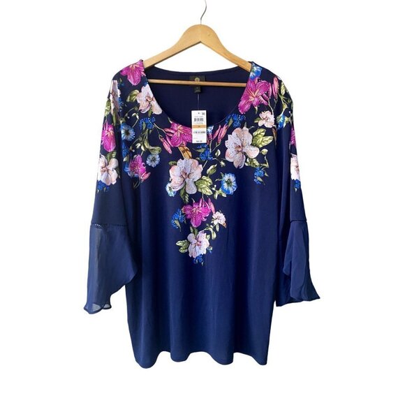 NWT JM Collection Long Sleeved Embellished Floral Navy SheerTunic Top 3X - Picture 2 of 9
